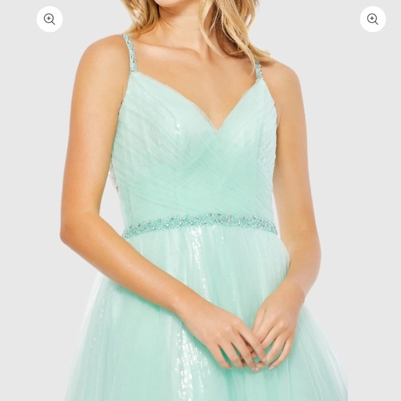NWT | Mac Duggal 67565 Mint V-Neck Tulle Ballgown with Embellished Belt Size 2 - Picture 3 of 14